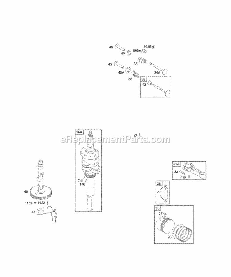 Cam Crankshaft Pistons Valves Diagram and Parts List for  Briggs and Stratton Engine
